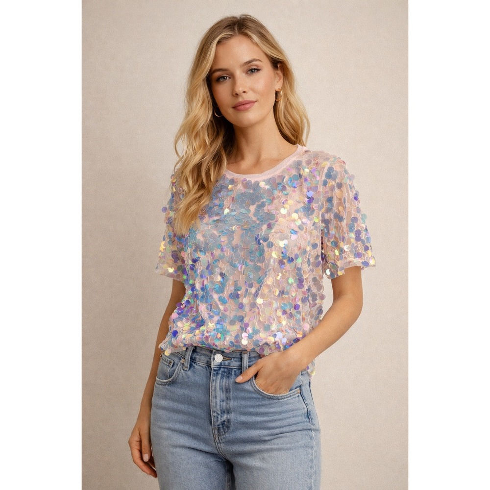 Choosy Pink Iridescent Paillette Sequin Short Sleeve‎ Top XS NWT